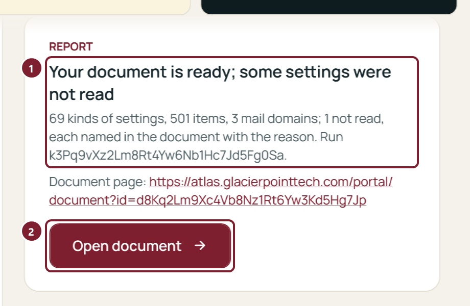 The app's card Document ready, with limits, and the button that opens the document page.