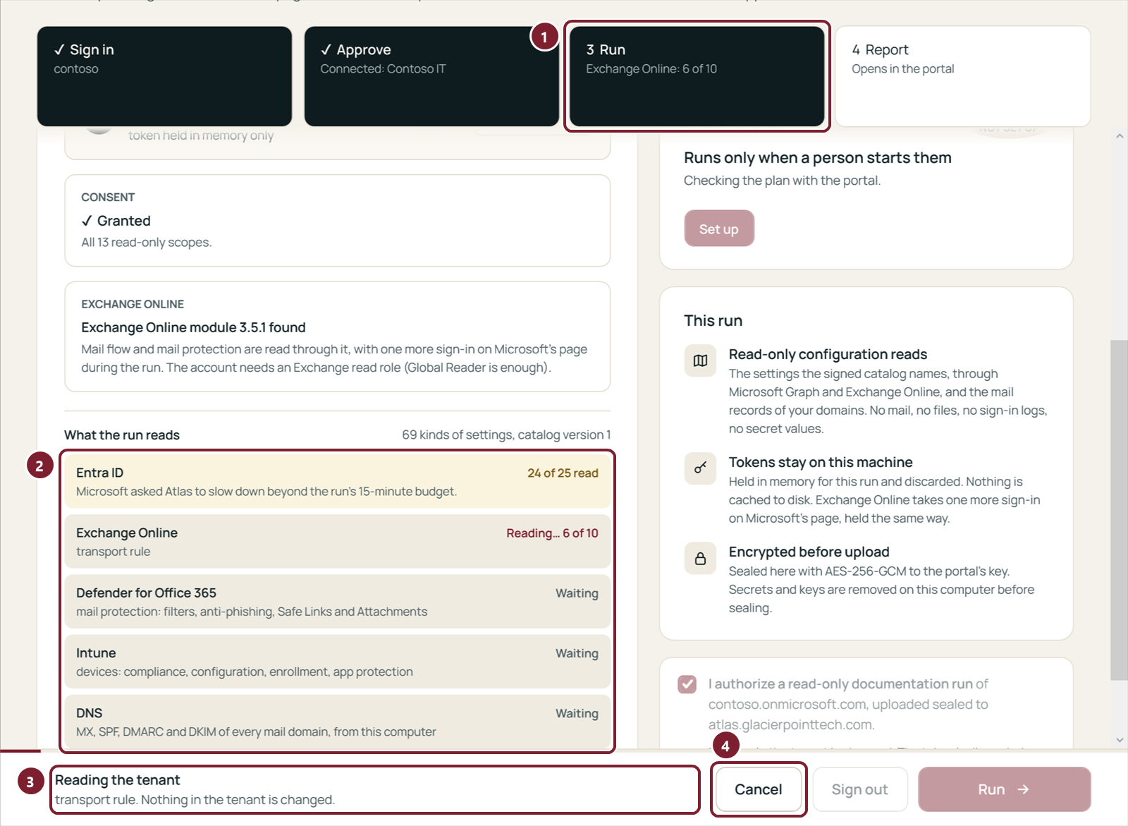 The app during a run: step 3 Run, the workloads read so far with Entra ID done and Exchange Online being read, the status line and the Cancel button.