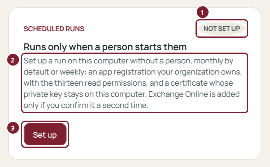 The app's Scheduled runs card: Not set up, Runs only when a person starts them, and the Set up button.