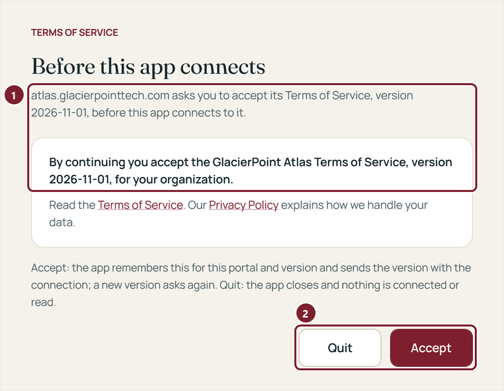 The app's window before the first connection: the statement that continuing accepts the Terms of Service of a given version, and the Quit and Accept buttons.