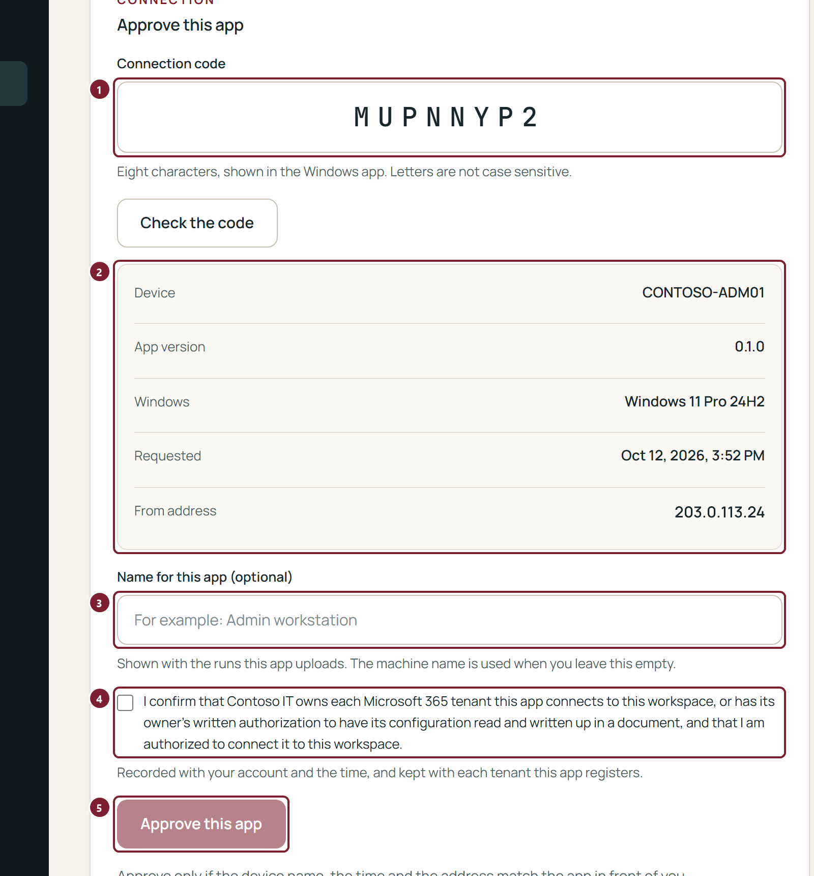 The portal's Connect the Windows app page: the code, the device, app version, Windows version, time and address of the app that asked, a name for the app, the authorization statement and Approve this app.