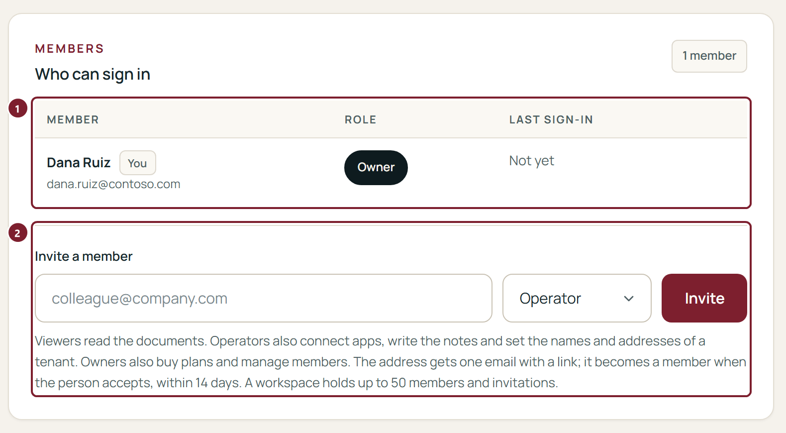 The Members card of Settings: the table of members with their roles and last sign-in, and the Invite a member form with an address, a role and the Invite button.
