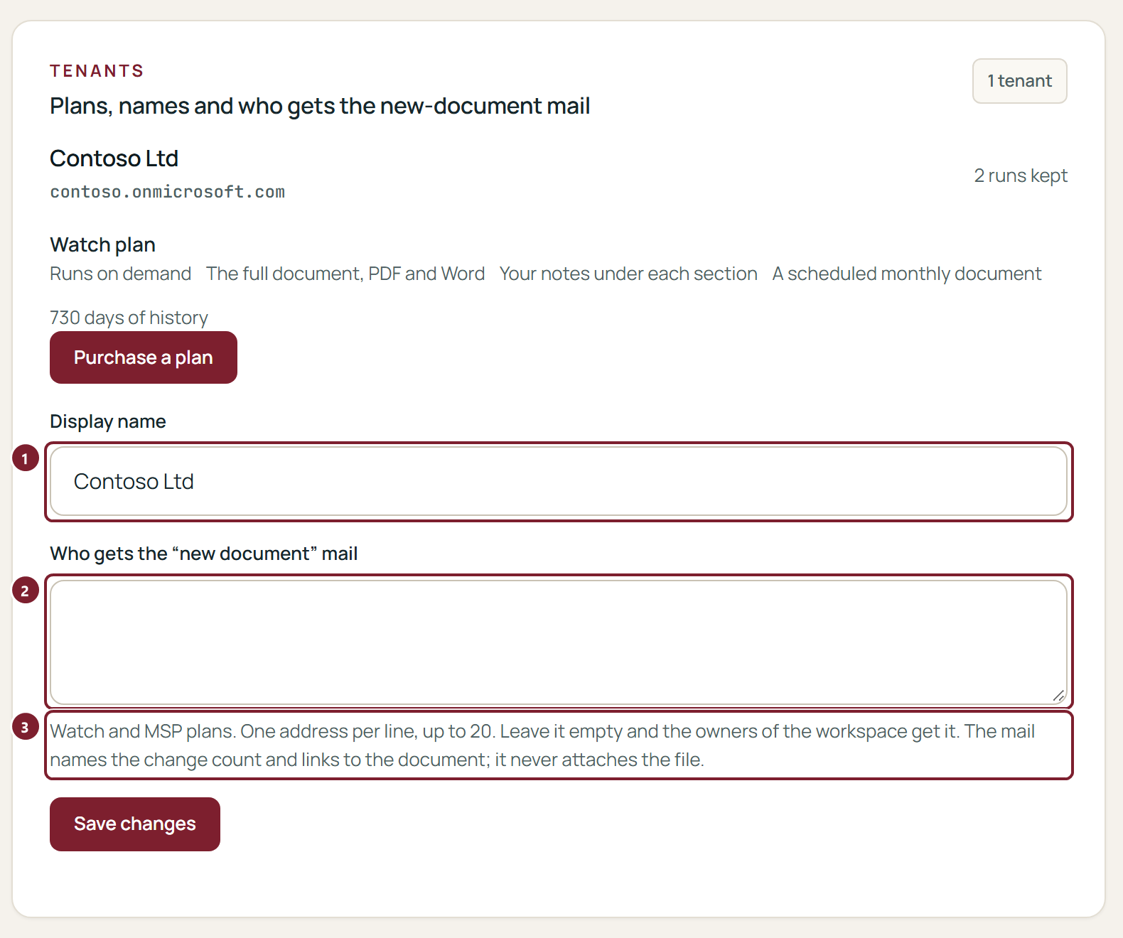 The Tenants card of Settings: a tenant's name and domain, its plan, the Display name field and the box Who gets the new-document mail.