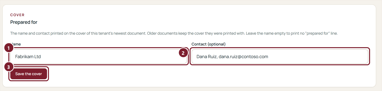 The Cover card of a tenant: the Name and Contact fields, filled in, and the Save the cover button.